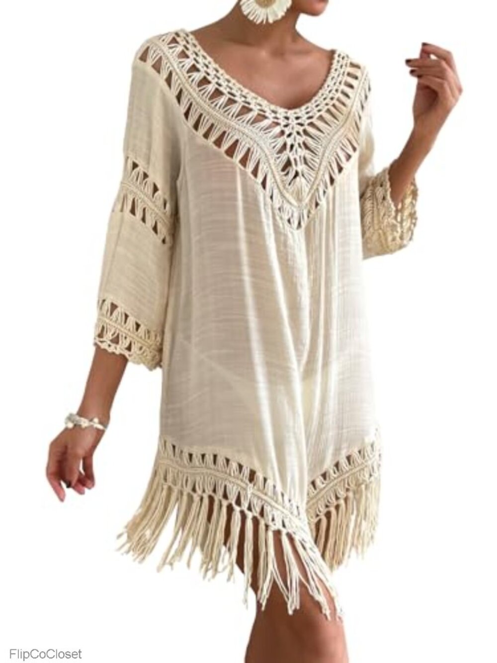 Women's Crochet Fringe Cover Up Dress Sheer V-Neck 3/4 Sleeve Beachwear